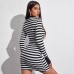 European and American foreign trade women's sexy slim dress simple long-sleeved round neck slim black and white striped dress summer