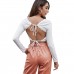 European and American cross-border women's backless lace-up long-sleeved T-shirt navel-baring sweater lace peach collar sexy solid color vest