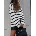 Women Black and White Striped O  Neck Casual Loose Fit Preppy Sweasters