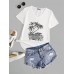 V  Neck Loose Fit Pattern Casual Short Sleeve Summer T  shirt