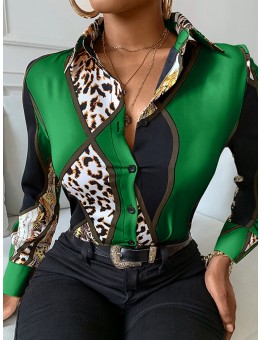 Leopard Print Contrast Color Lapel Button Down Shirt