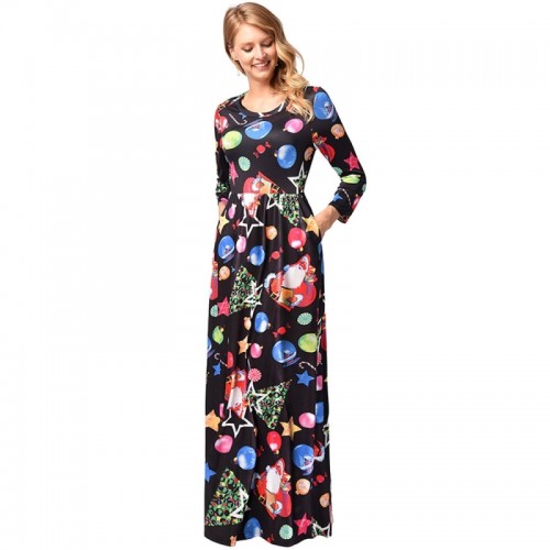 Women Christmas Bubble Printing Pattern Long Sleeves Dress Skirt