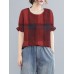 Plaid Ruffled Short Sleeve Round Neck Casual Blouse