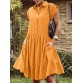 Solid Button Pocket Ruffles Lapel Short Sleeve Shirt Dress