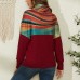 Women Rainbow Striped Print Patchwork Turtleneck Ribbed Sweater