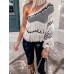 Women Grid Pattern Knitted Stitching One Shoulder Tassel Sweater