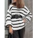 Women Black and White Striped O  Neck Casual Loose Fit Preppy Sweasters