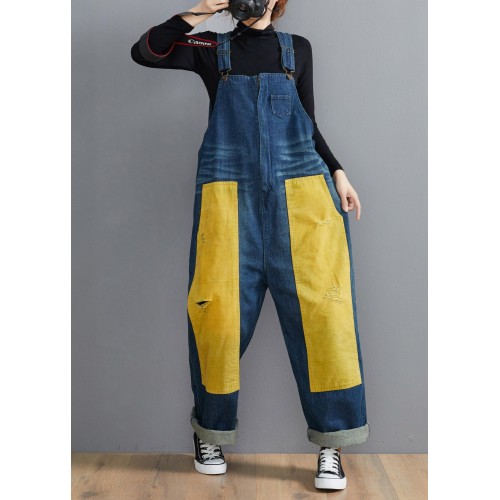 French Denim Blue Jeans women's Spring Patchwork Jumpsuit Pants