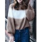 Women Colorblock Kitted Bishop Sleeve Warm High Neck Sweater