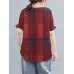 Plaid Ruffled Short Sleeve Round Neck Casual Blouse