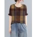 Plaid Ruffled Short Sleeve Round Neck Casual Blouse